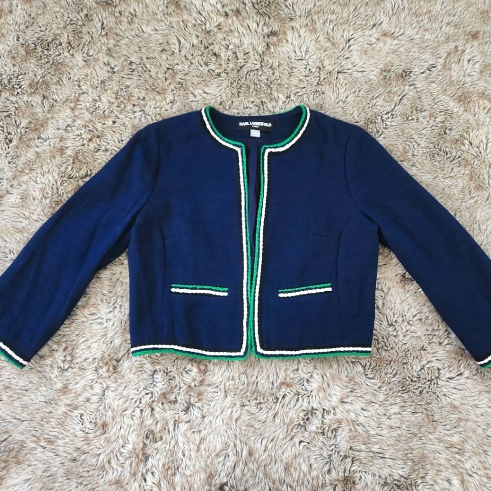 Karl Lagerfeld Paris Navy Tweed Blazer with Green & White Yarn Trim Size‎ Small
